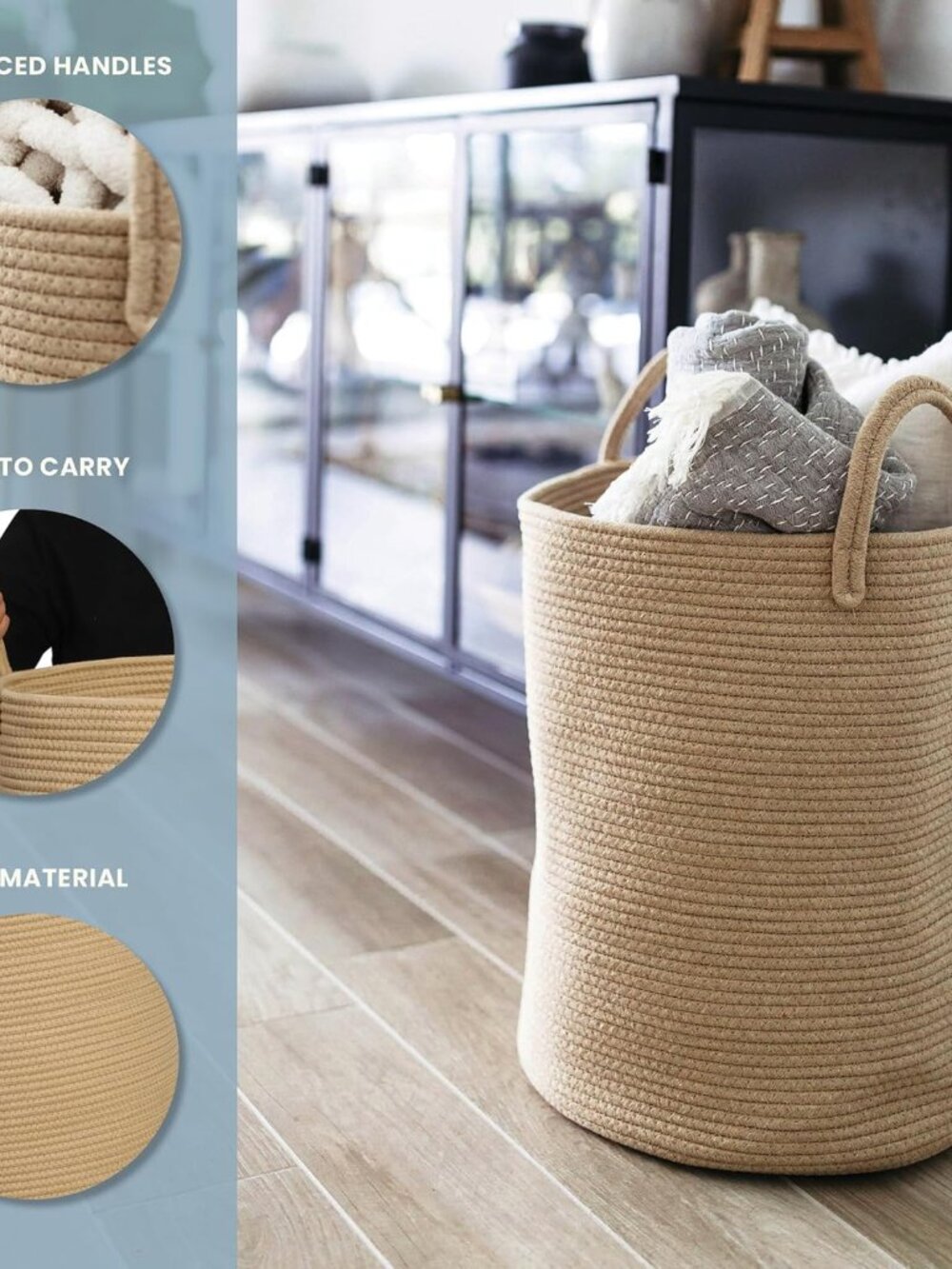 Large Woven Laundry Basket w/Handles 52L, Rope Dirty Clothes Hamper, Blanket Bas - Picture 4 of 9
